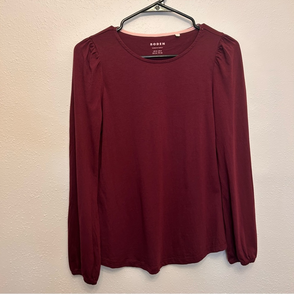 Boden Maroon Long Sleeve Tee Ruffle Shoulder